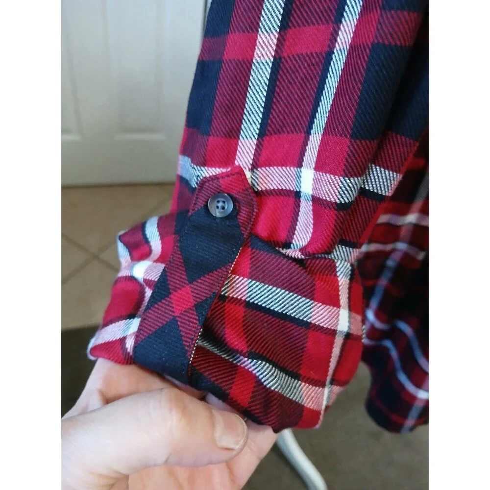 Talbots Women's L Red Plaid Polka Dot Long Roll Tab Sleeve Button Down Shirt Top